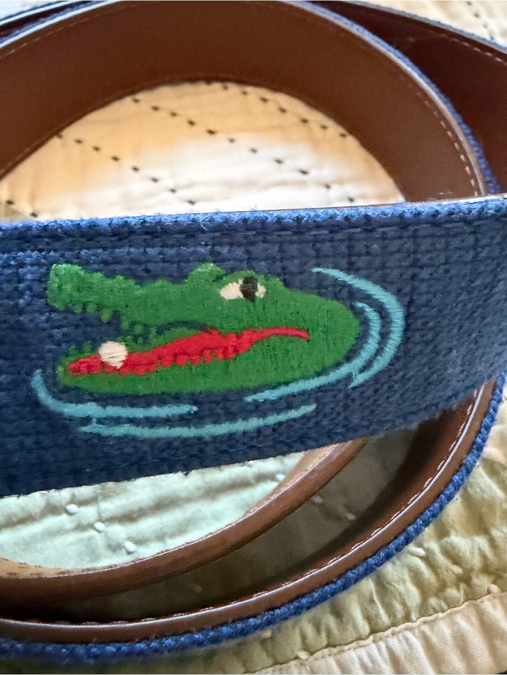 Needlepoint Gator Belt Blue Leather Brass Buckle Preppy Golf Coastal Mens 42